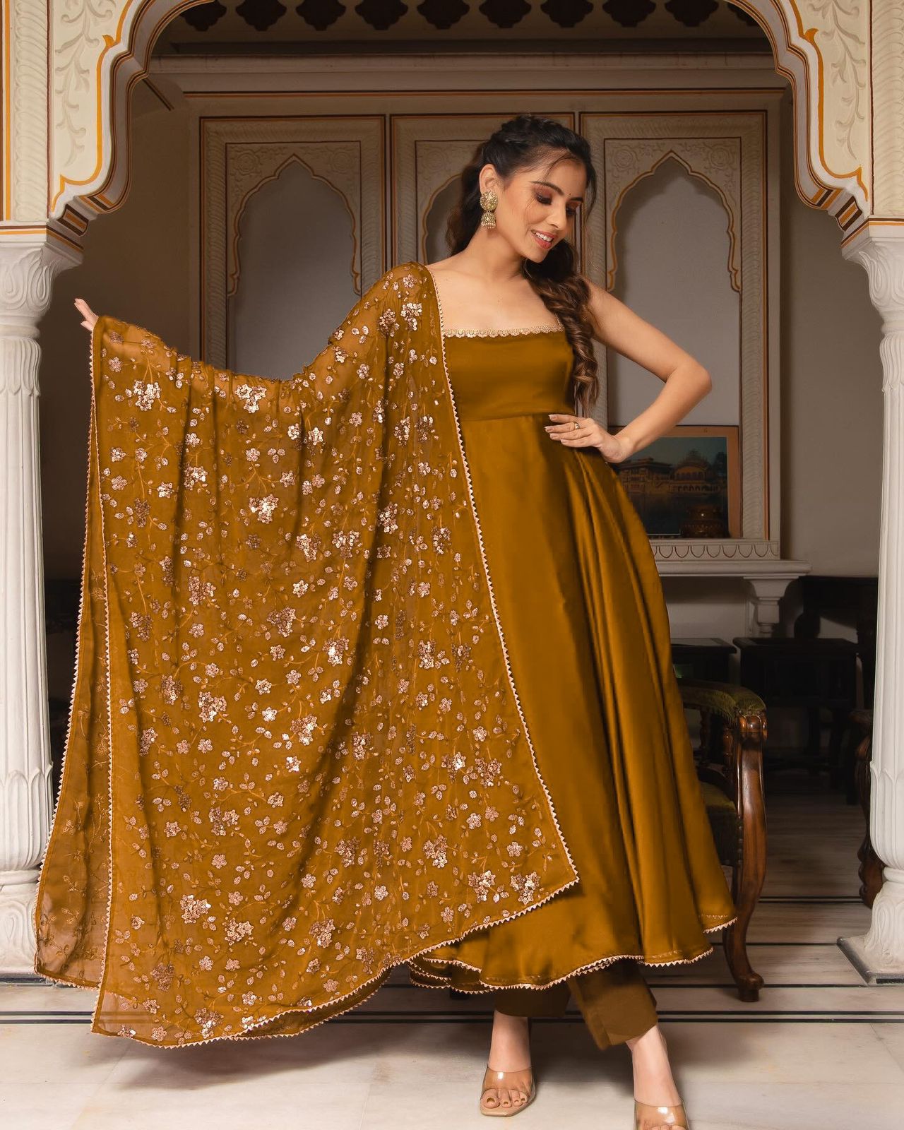 Mustered Color Plain Gown With Sequence Work Dupatta