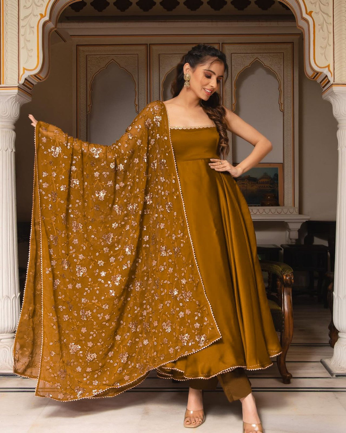 Mustered Color Plain Gown With Sequence Work Dupatta