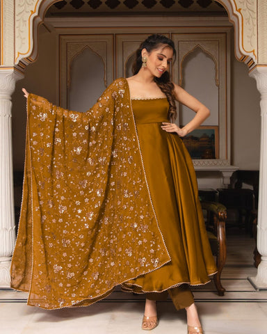 Mustered Color Plain Gown With Sequence Work Dupatta