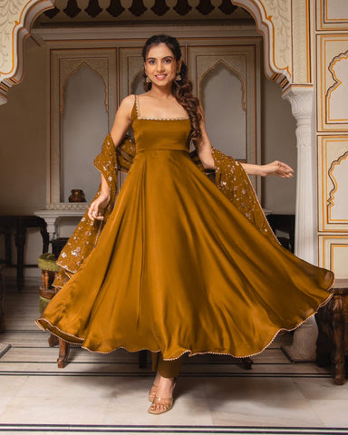 Mustered Color Plain Gown With Sequence Work Dupatta