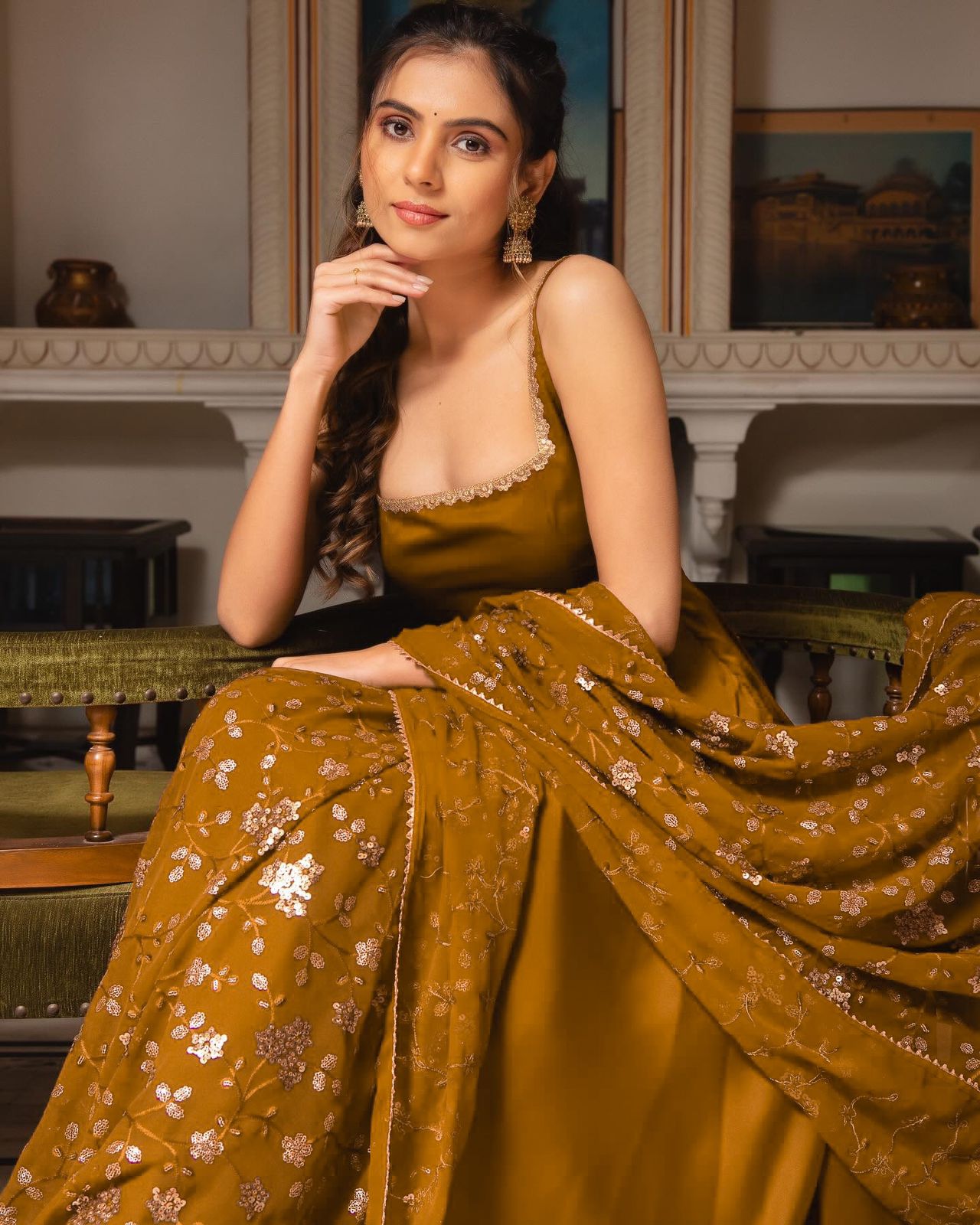 Mustered Color Plain Gown With Sequence Work Dupatta
