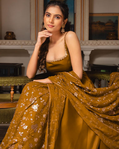 Mustered Color Plain Gown With Sequence Work Dupatta