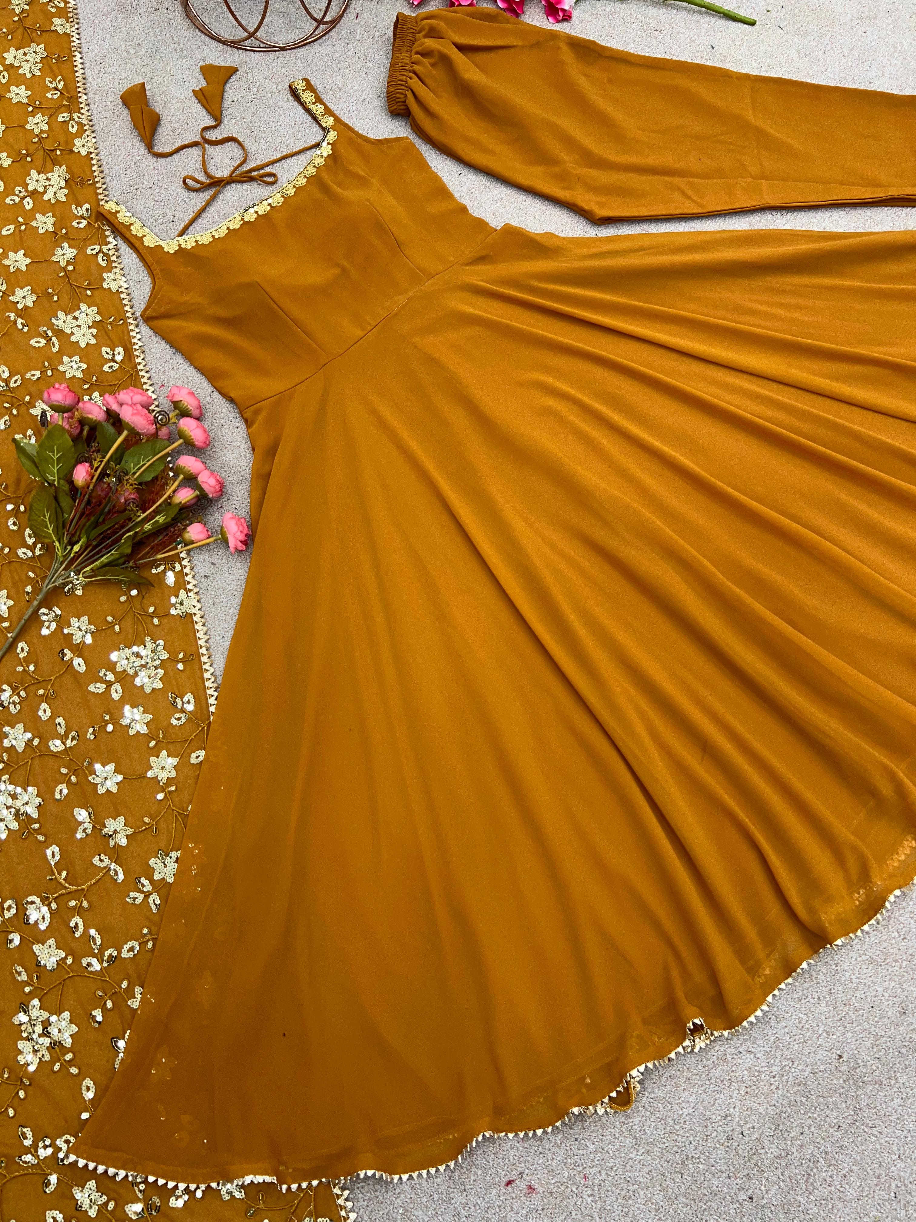 Mustered Color Plain Gown With Sequence Work Dupatta