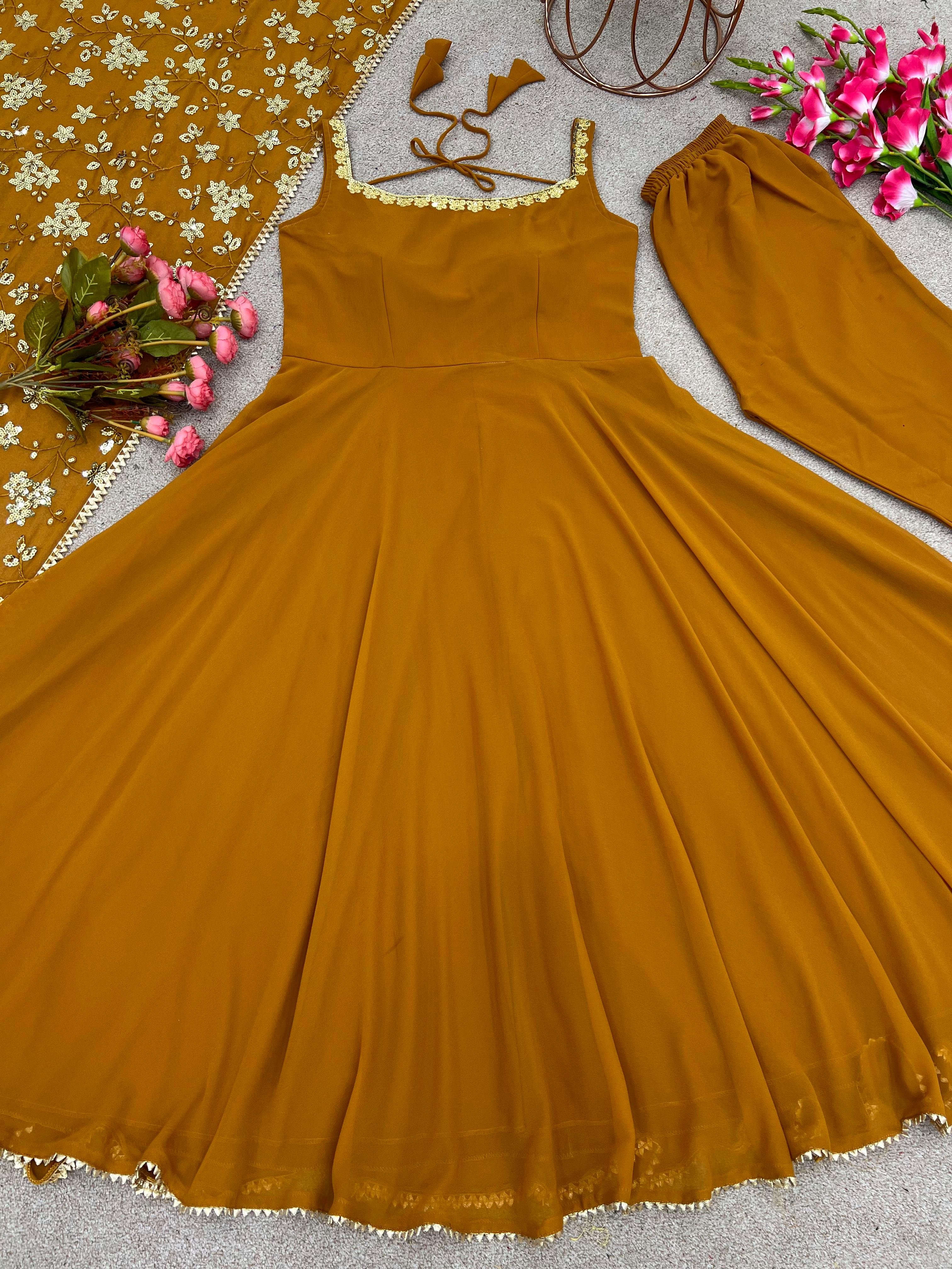 Mustered Color Plain Gown With Sequence Work Dupatta