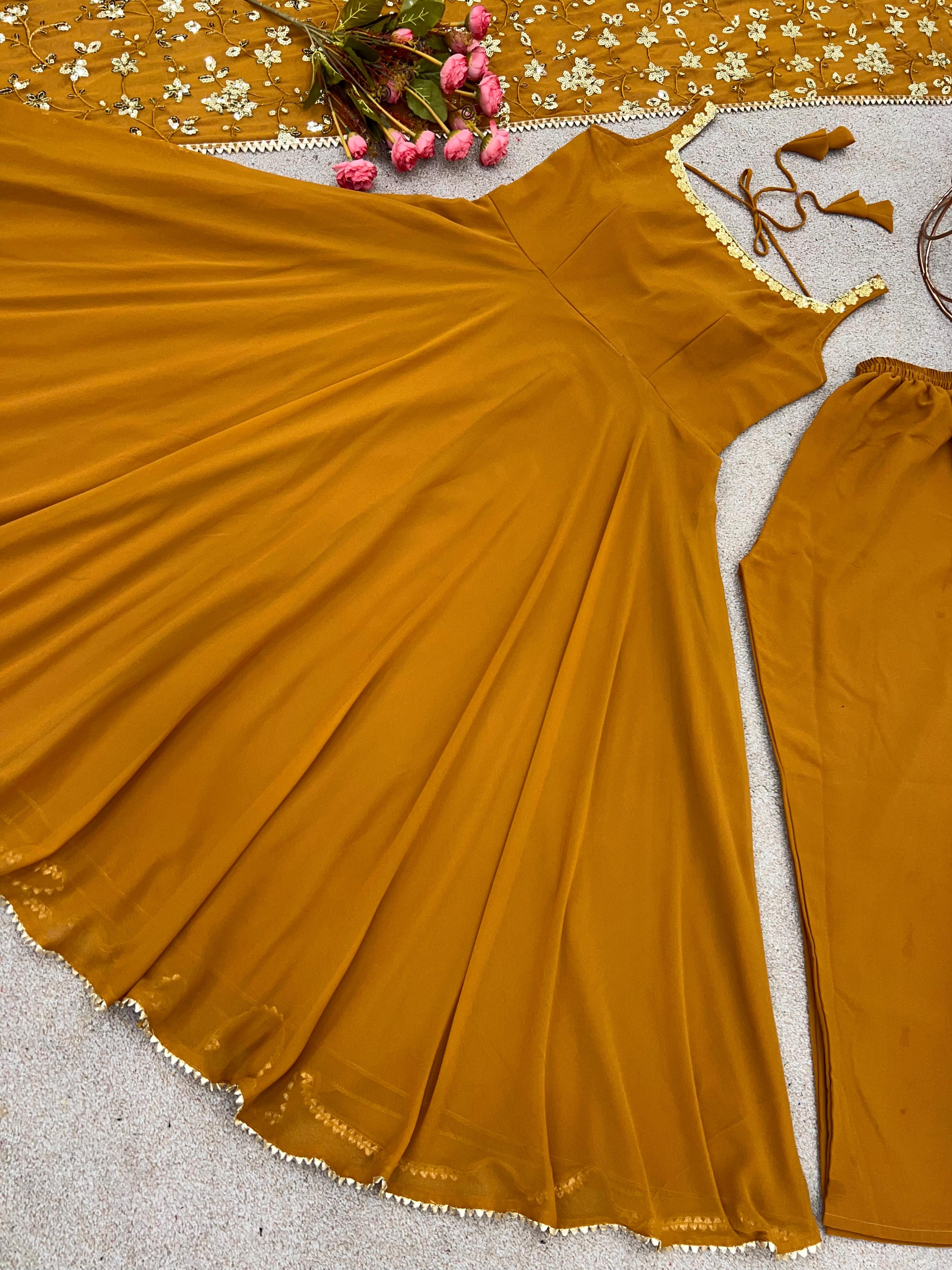 Mustered Color Plain Gown With Sequence Work Dupatta