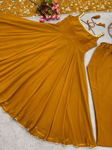 Mustered Color Plain Gown With Sequence Work Dupatta