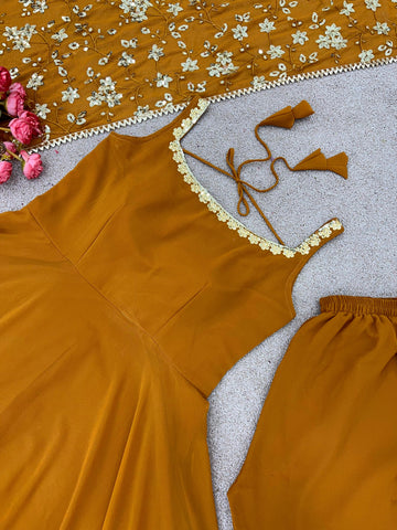 Mustered Color Plain Gown With Sequence Work Dupatta