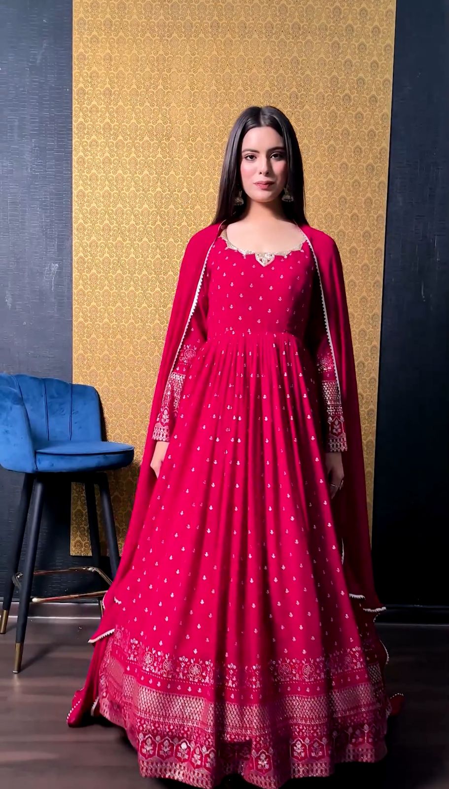 Elegant Dark Pink Color Embroidery Work Anarkali Gown