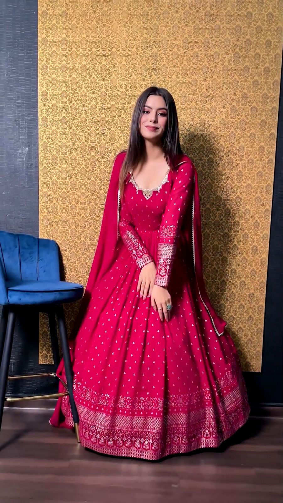 Elegant Dark Pink Color Embroidery Work Anarkali Gown