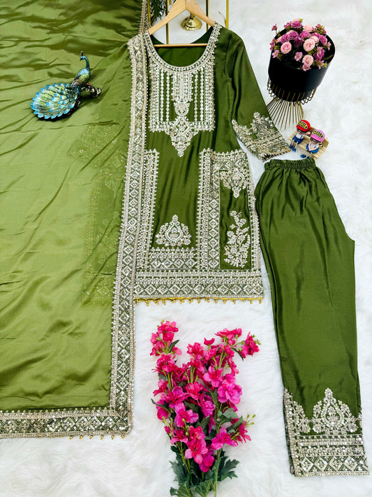 Ravishing Embroidery Work Mehendi Color Salwar Suit