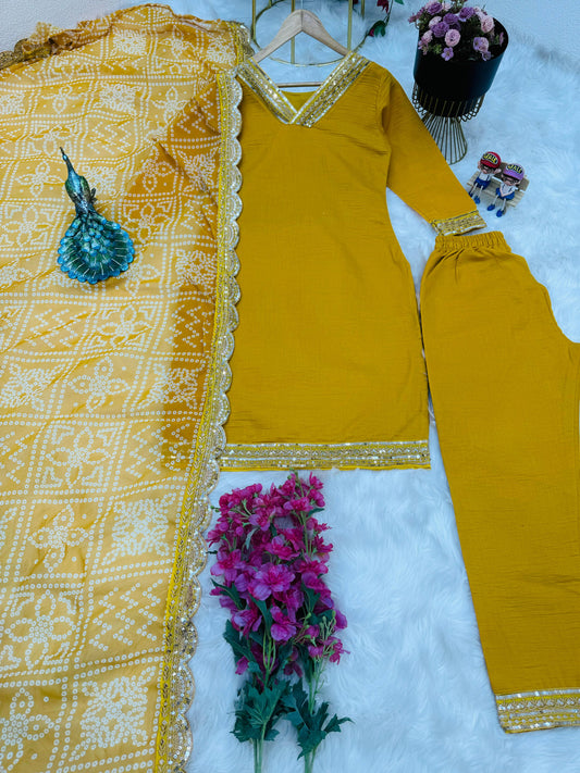 Yellow Color Salwar Suit With Bandhani Print Dupatta