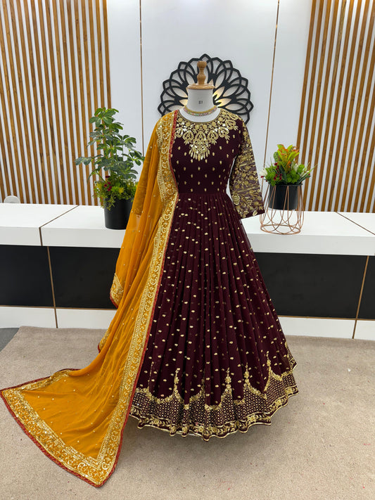 Glorious Brown Sequence Embroidery Work Gown