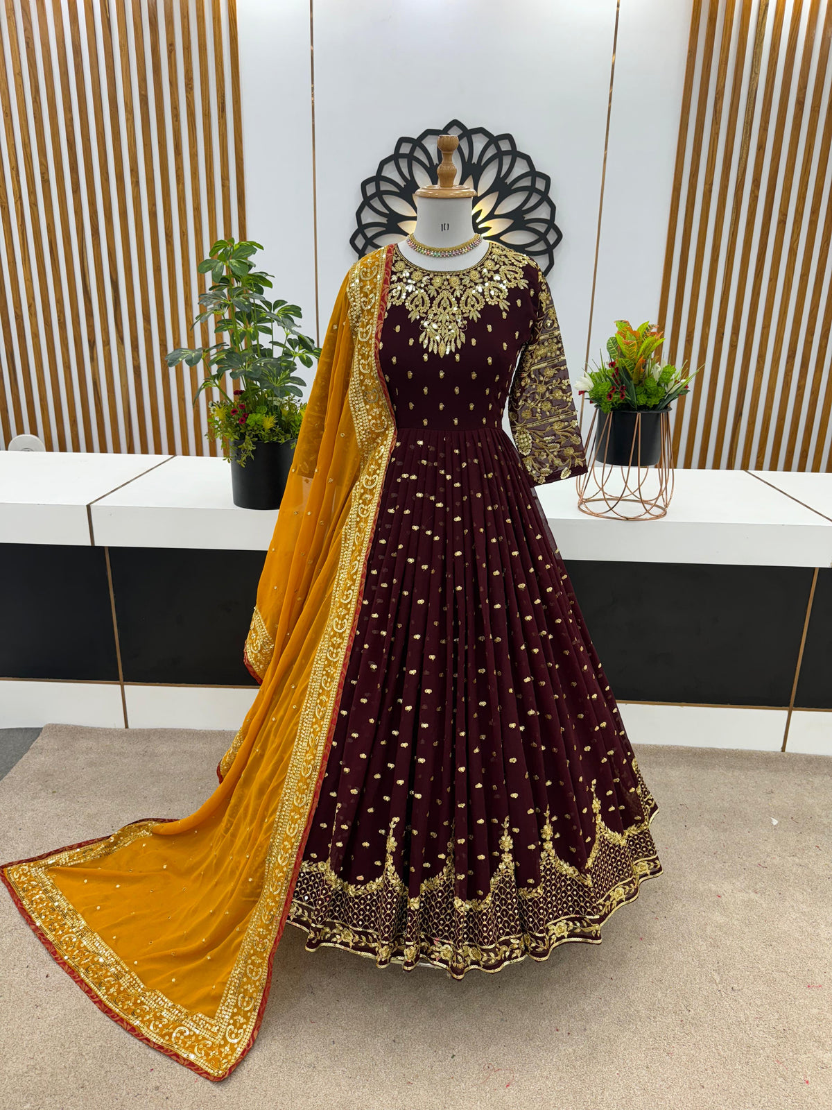 Glorious Brown Sequence Embroidery Work Gown