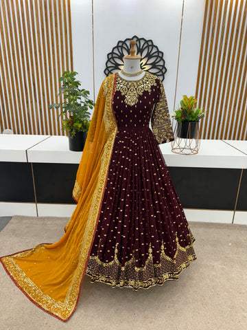 Glorious Brown Sequence Embroidery Work Gown