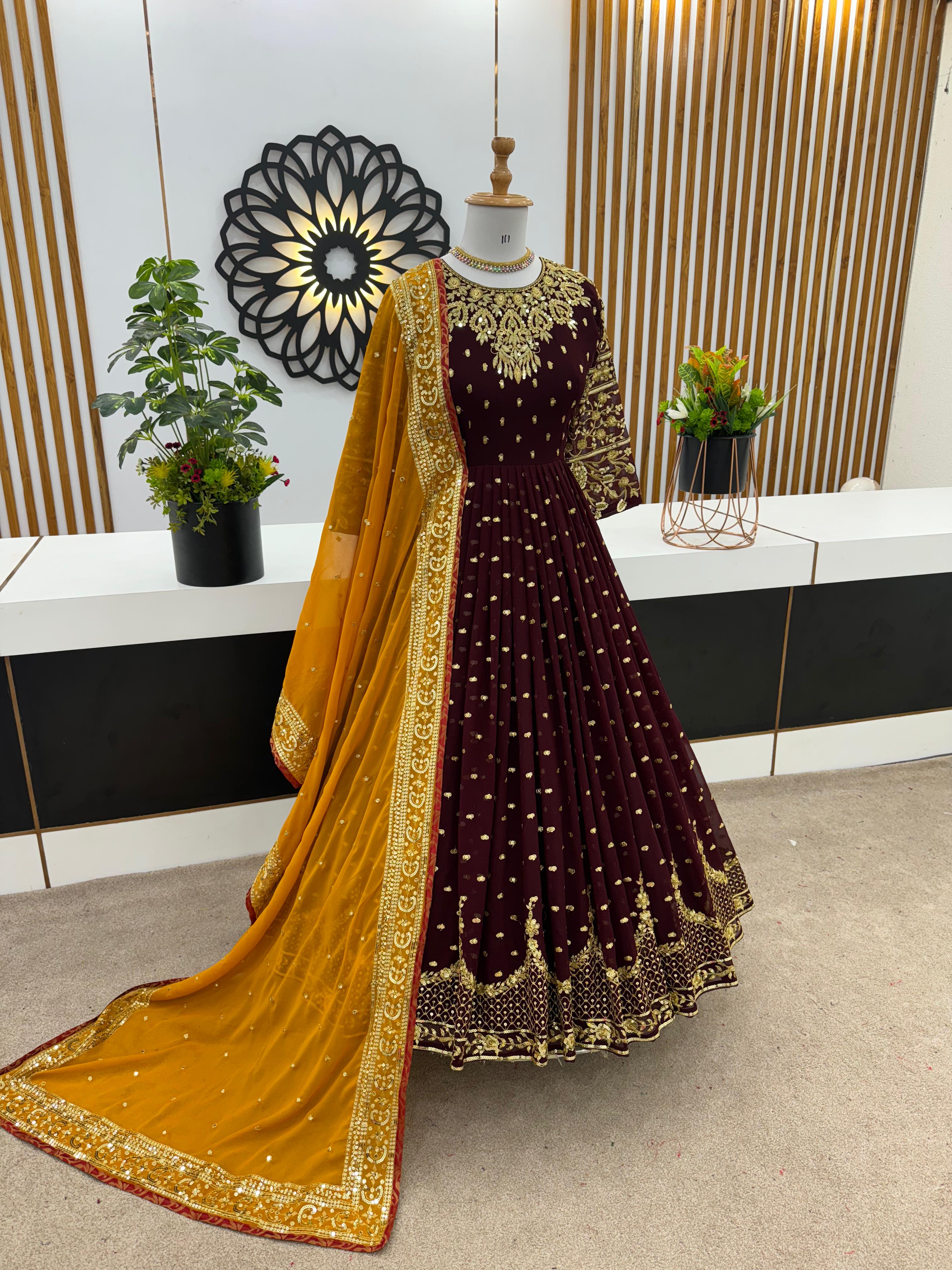 Glorious Brown Sequence Embroidery Work Gown