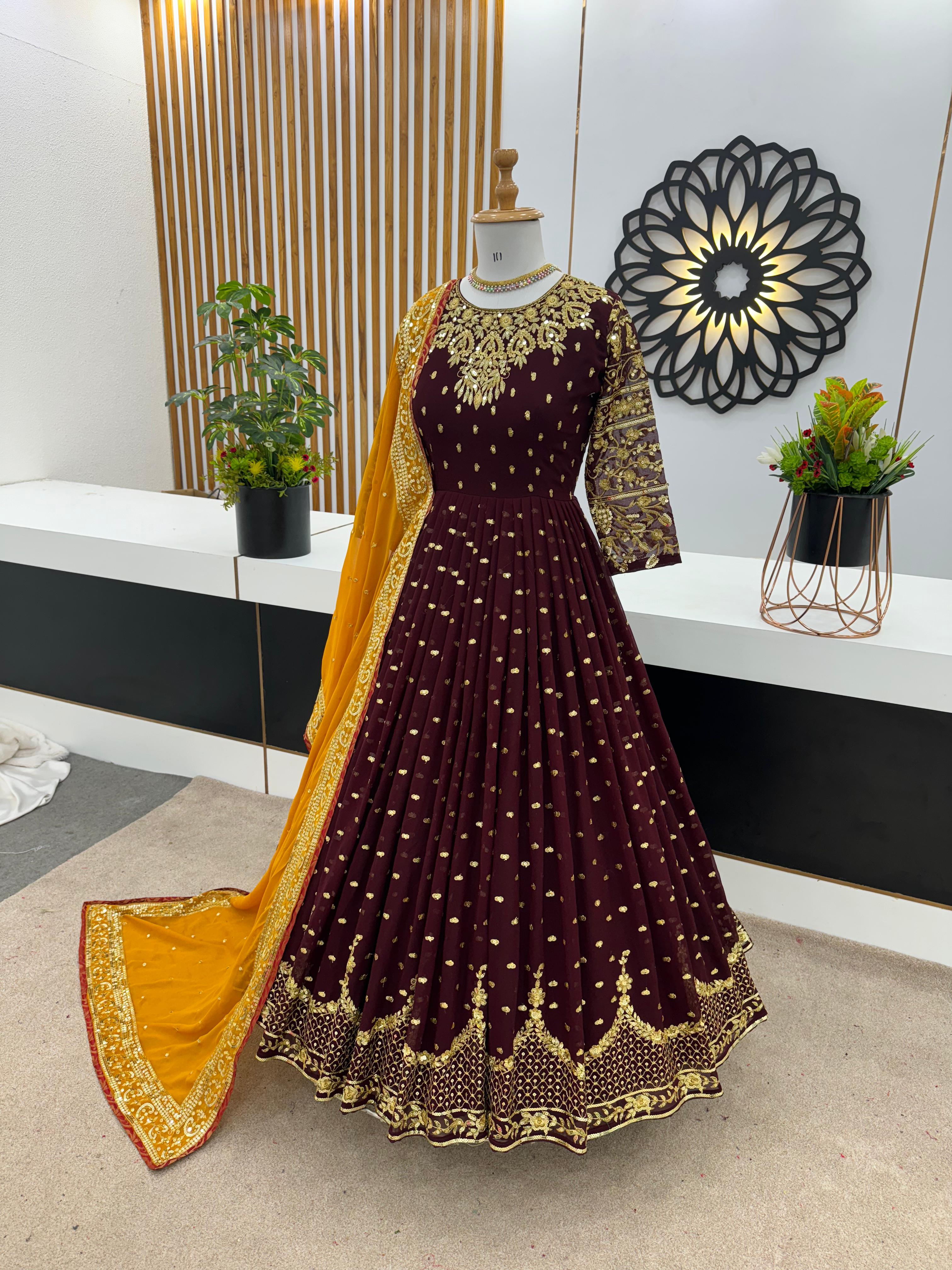 Glorious Brown Sequence Embroidery Work Gown