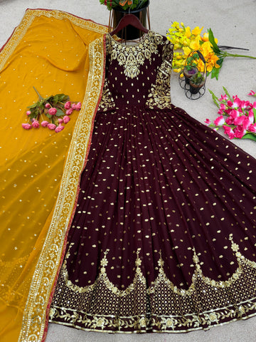 Glorious Brown Sequence Embroidery Work Gown