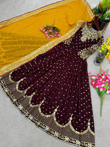 Glorious Brown Sequence Embroidery Work Gown