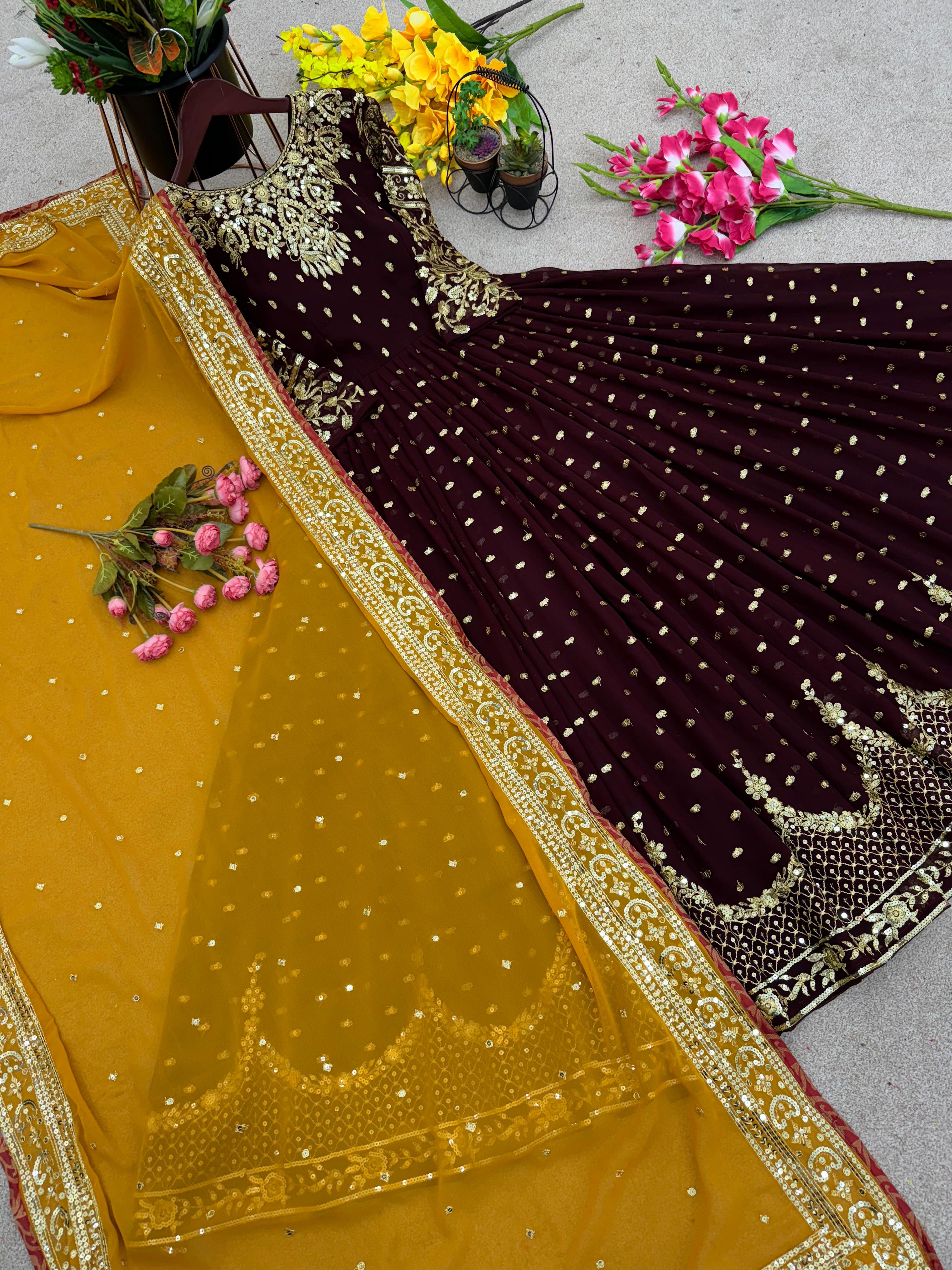Glorious Brown Sequence Embroidery Work Gown