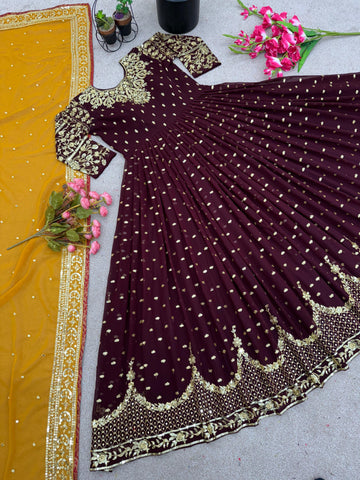 Glorious Brown Sequence Embroidery Work Gown