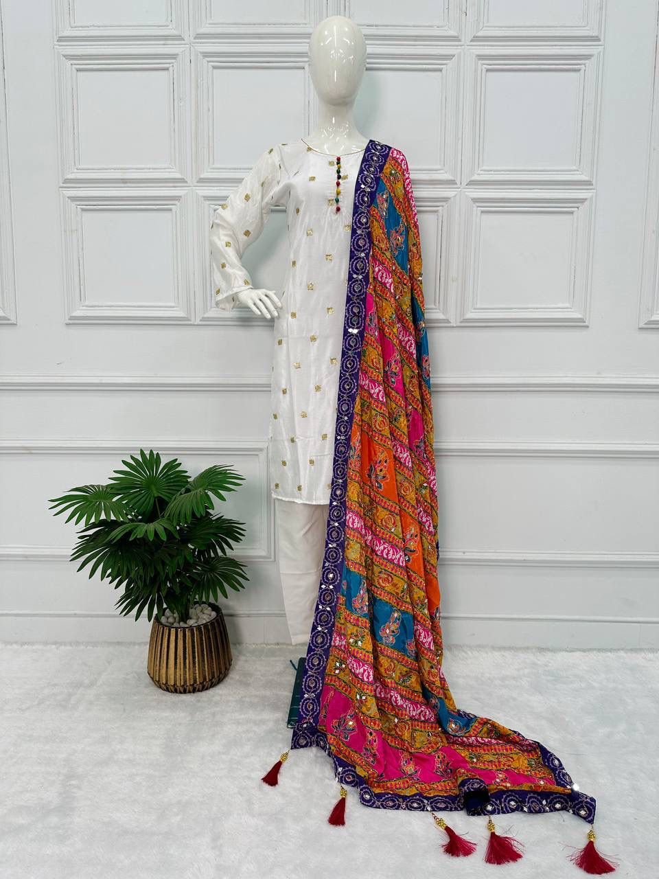 White Color Pretty Salwar Suit With Multi Dupatta