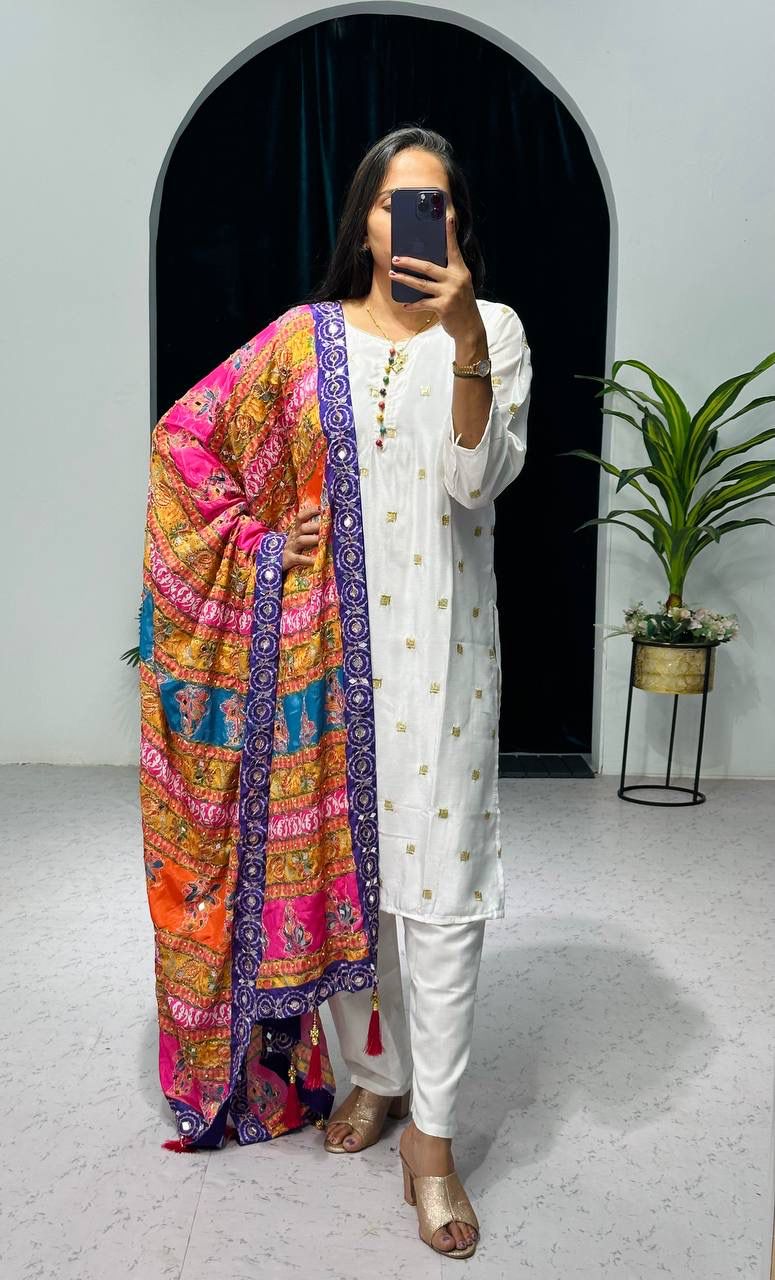 White Color Pretty Salwar Suit With Multi Dupatta