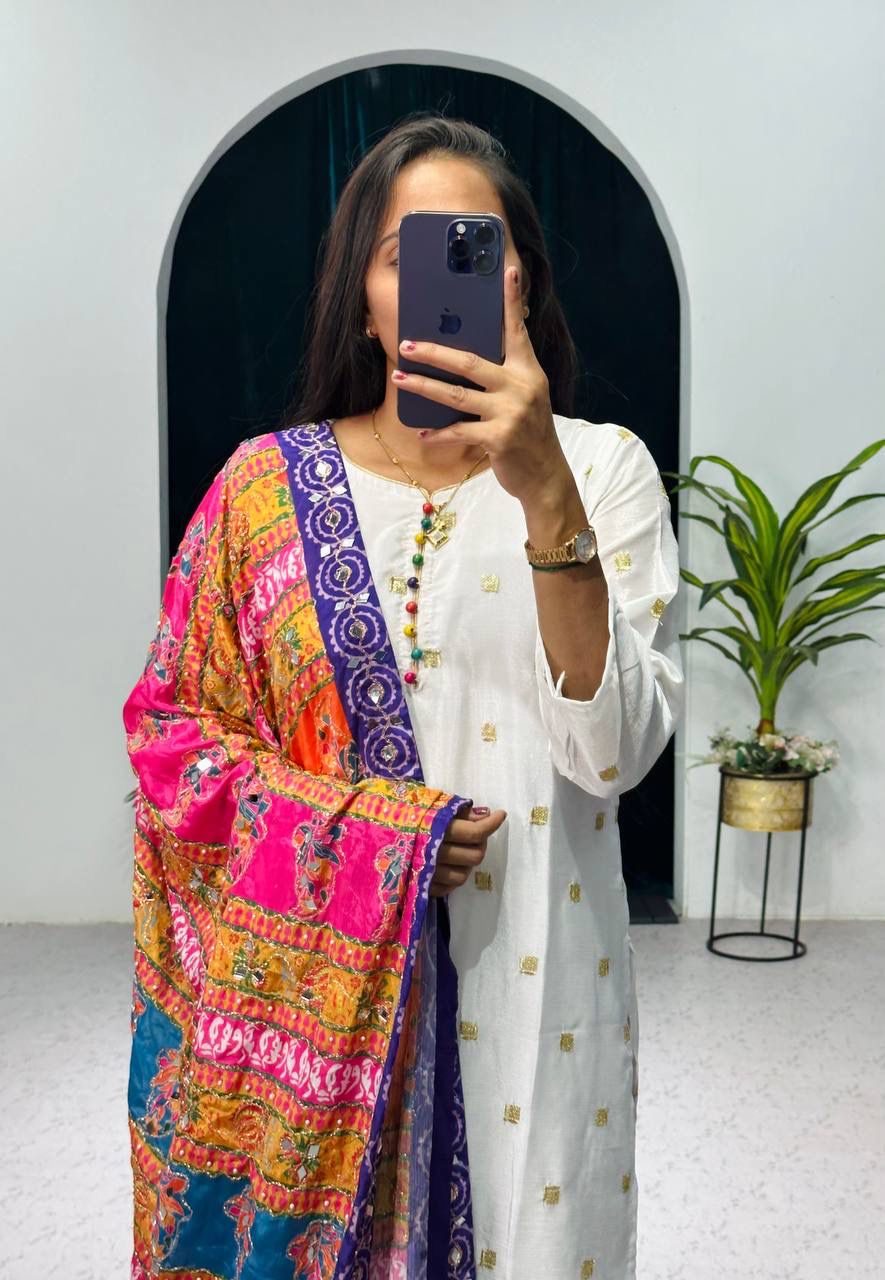 White Color Pretty Salwar Suit With Multi Dupatta
