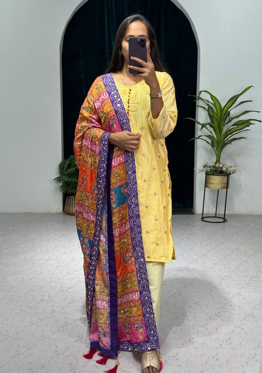 Yellow Color Pretty Salwar Suit With Multi Dupatta