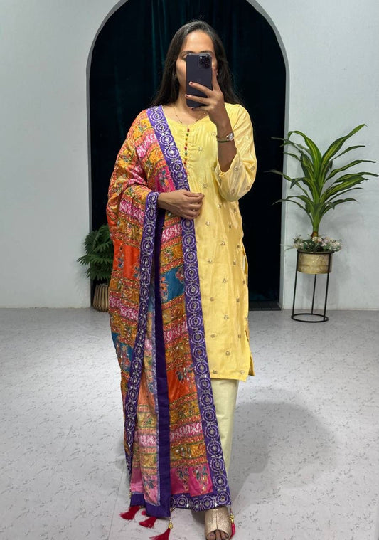 Yellow Color Pretty Salwar Suit With Multi Dupatta