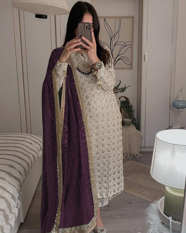 Pretty Sequence Work White Color Suit With Wine Dupatta