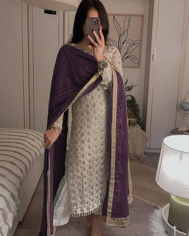 Pretty Sequence Work White Color Suit With Wine Dupatta