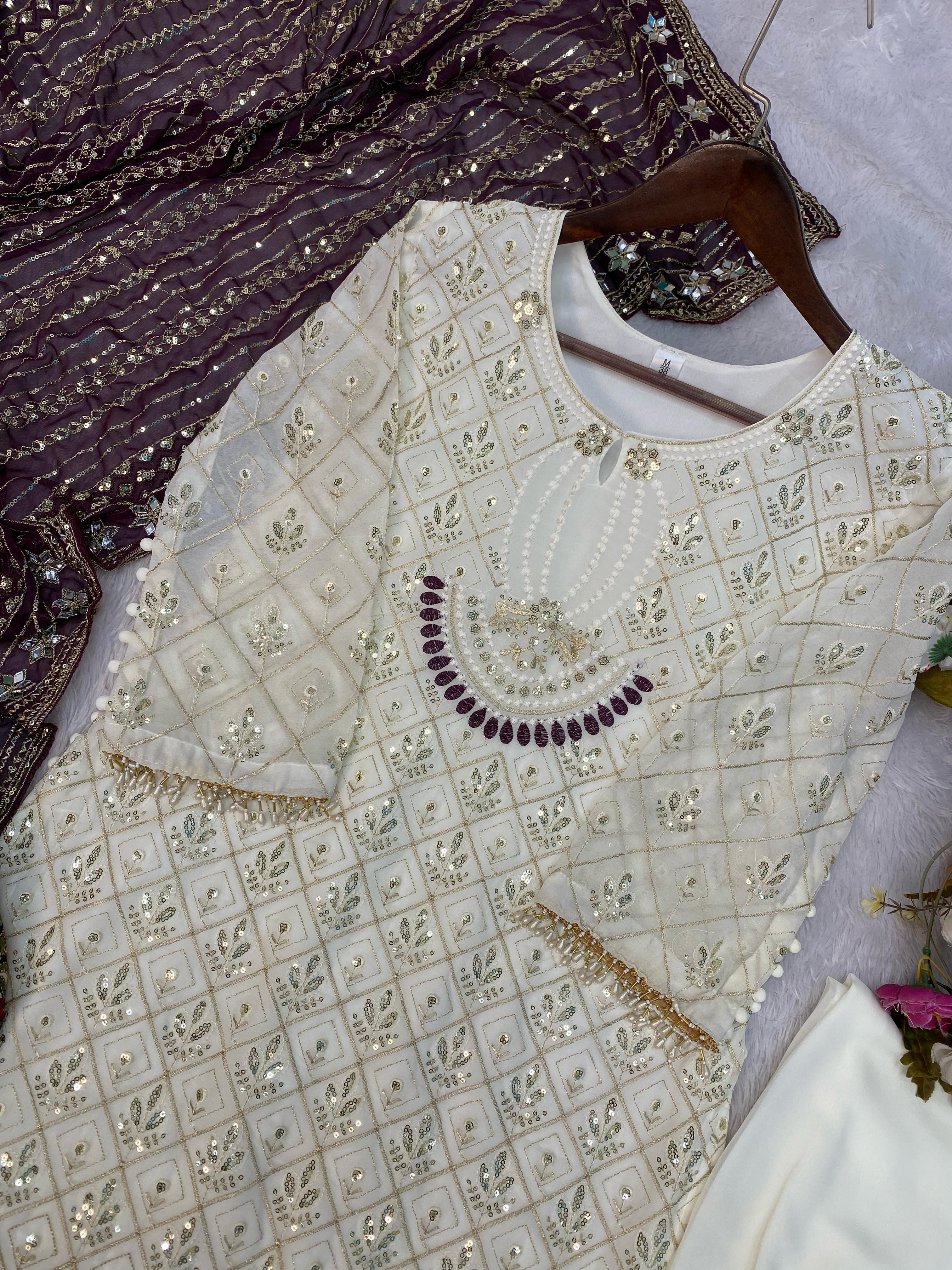 Pretty Sequence Work White Color Suit With Wine Dupatta