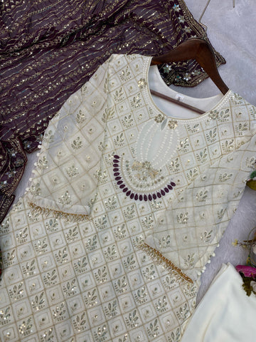 Pretty Sequence Work White Color Suit With Wine Dupatta