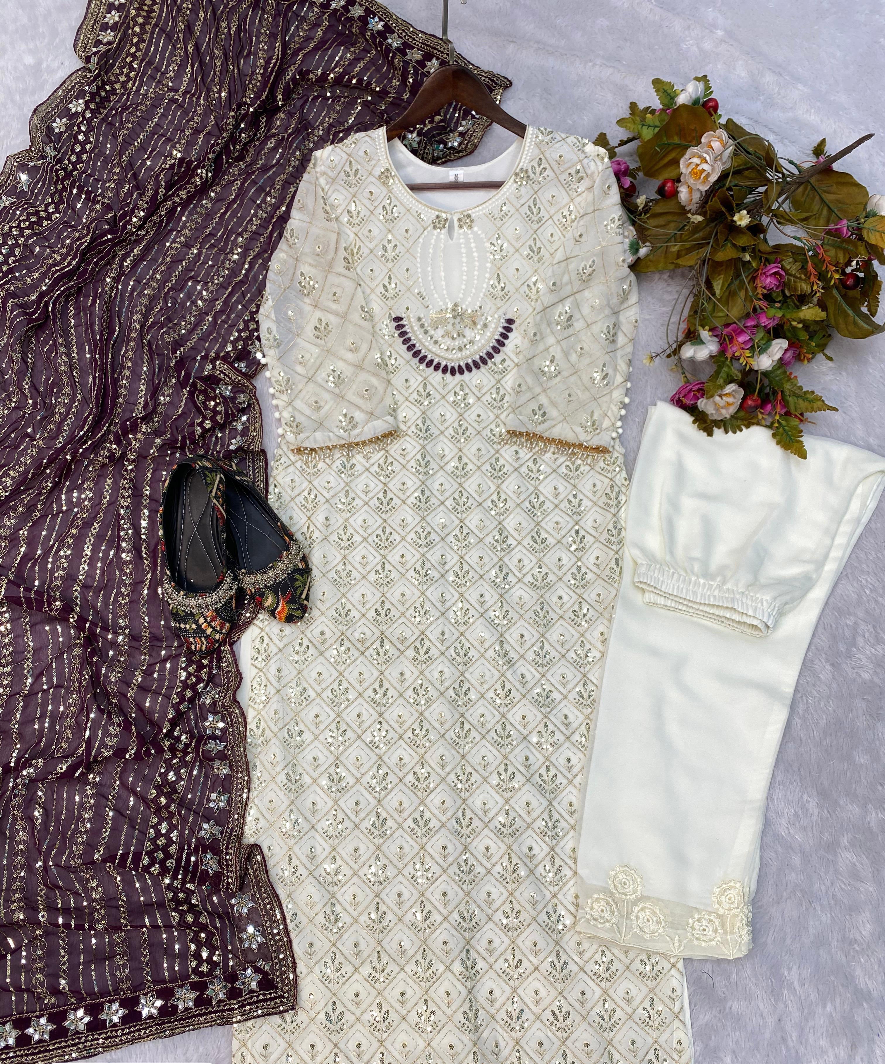 Pretty Sequence Work White Color Suit With Wine Dupatta