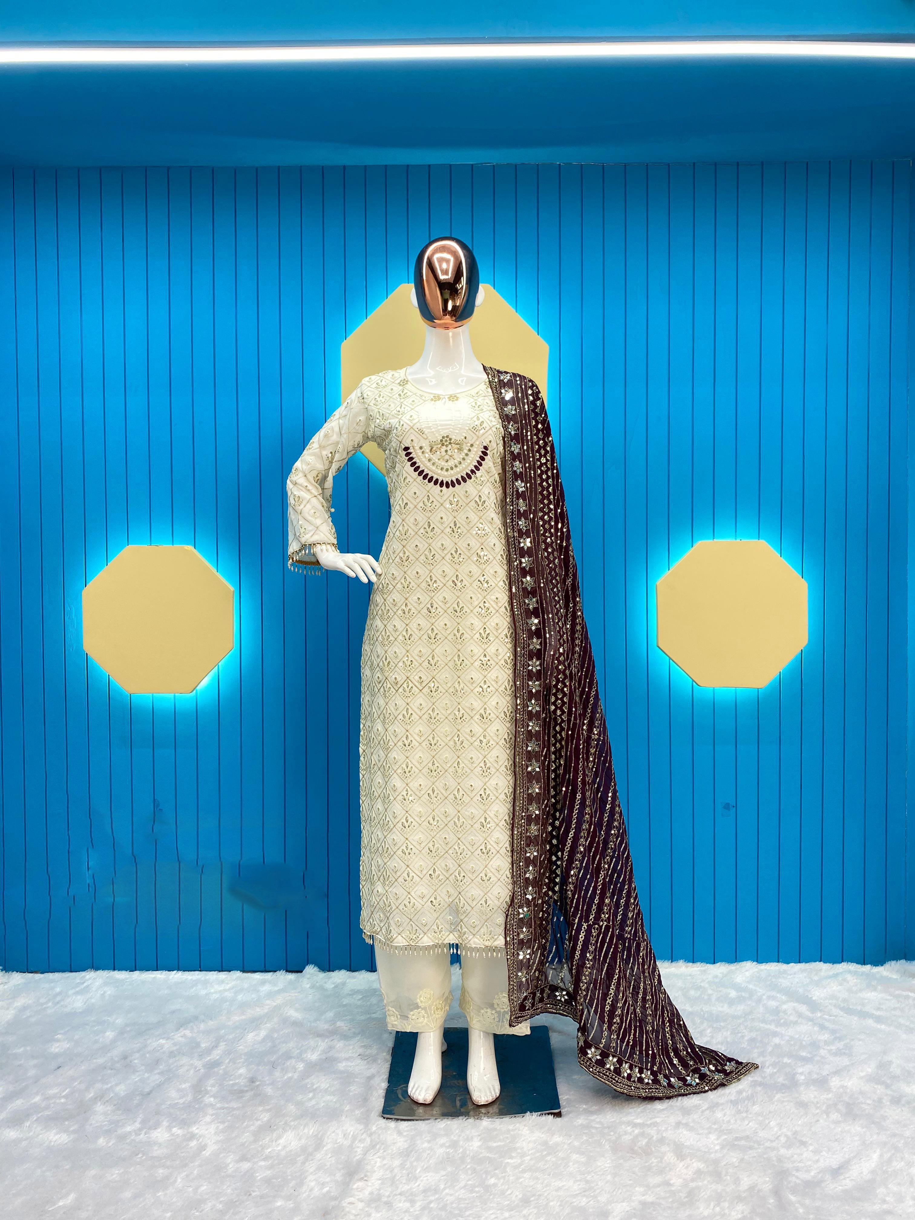 Pretty Sequence Work White Color Suit With Wine Dupatta