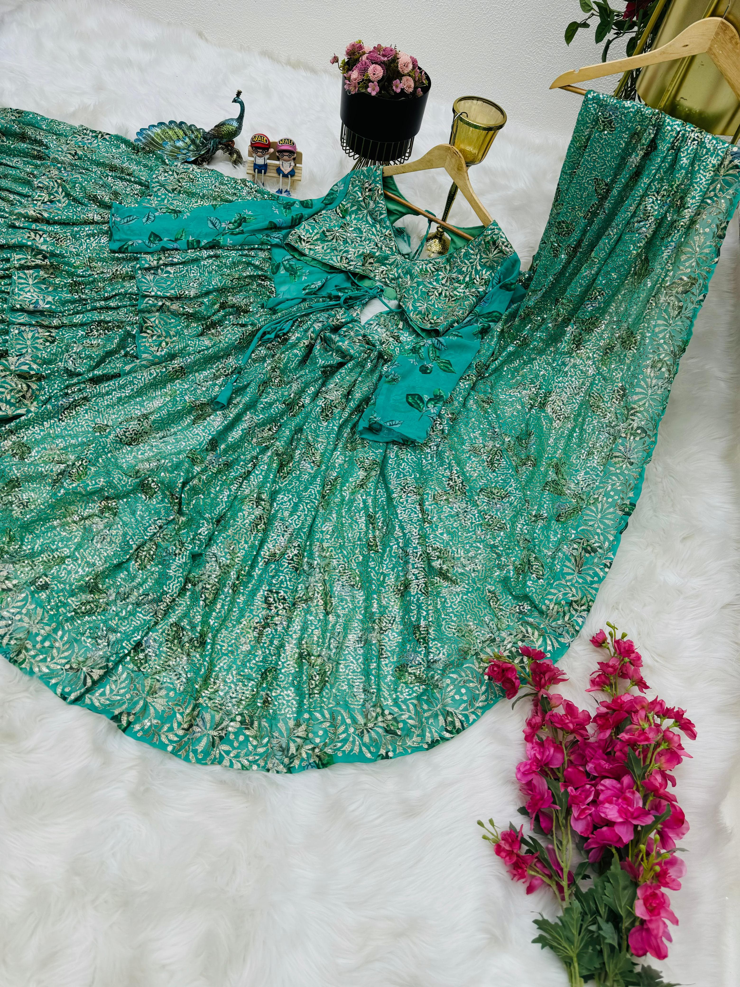 Aqua Green Color Heavy Sequence Work Lehenga Saree