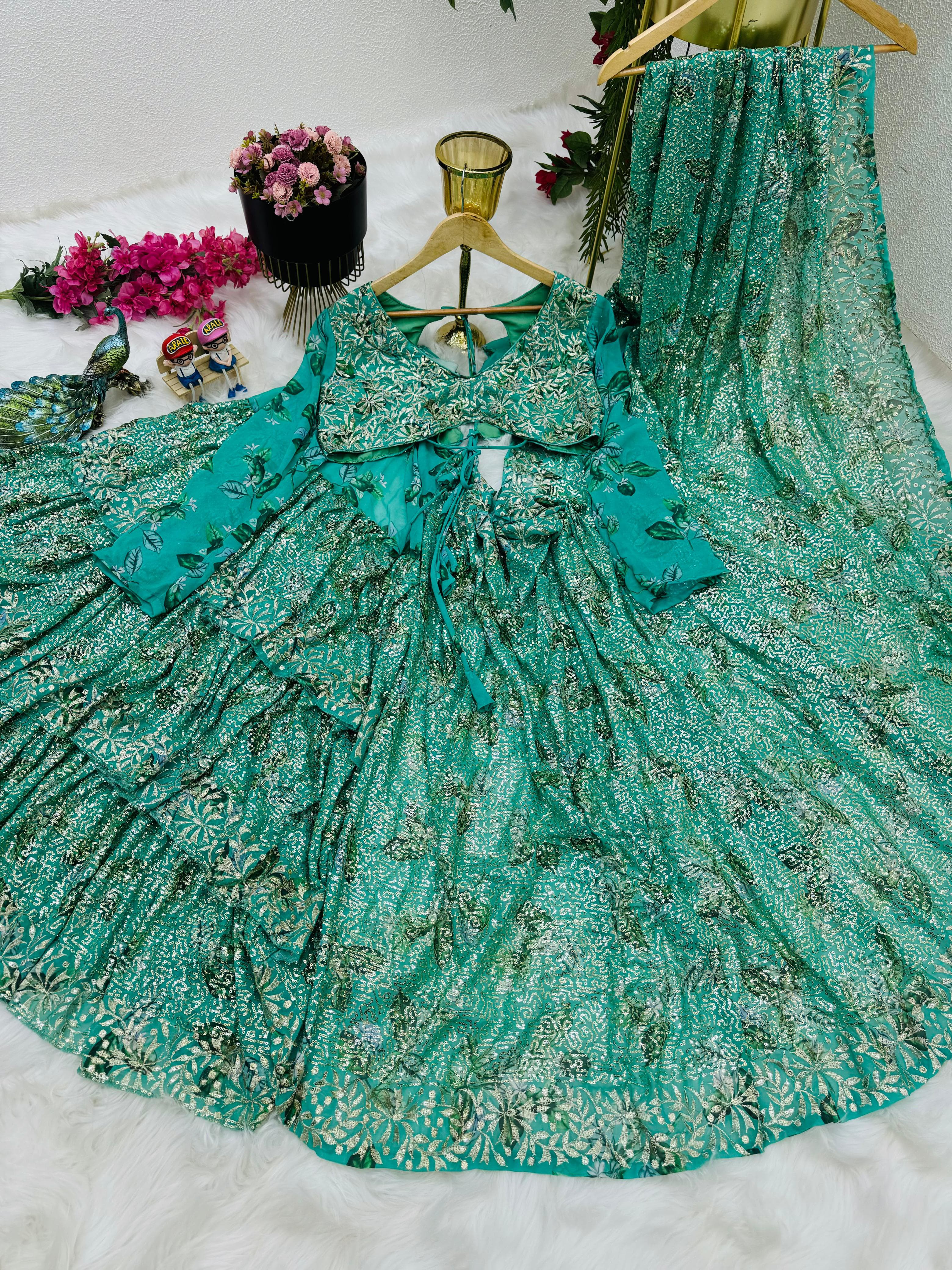 Aqua Green Color Heavy Sequence Work Lehenga Saree