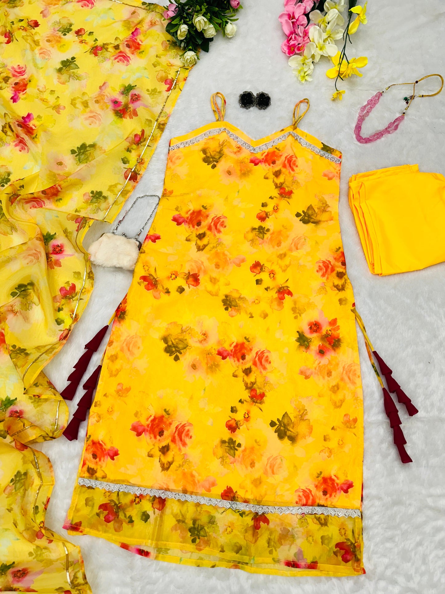 Pretty Yellow Color Straight Cut Organza Salwar Suit