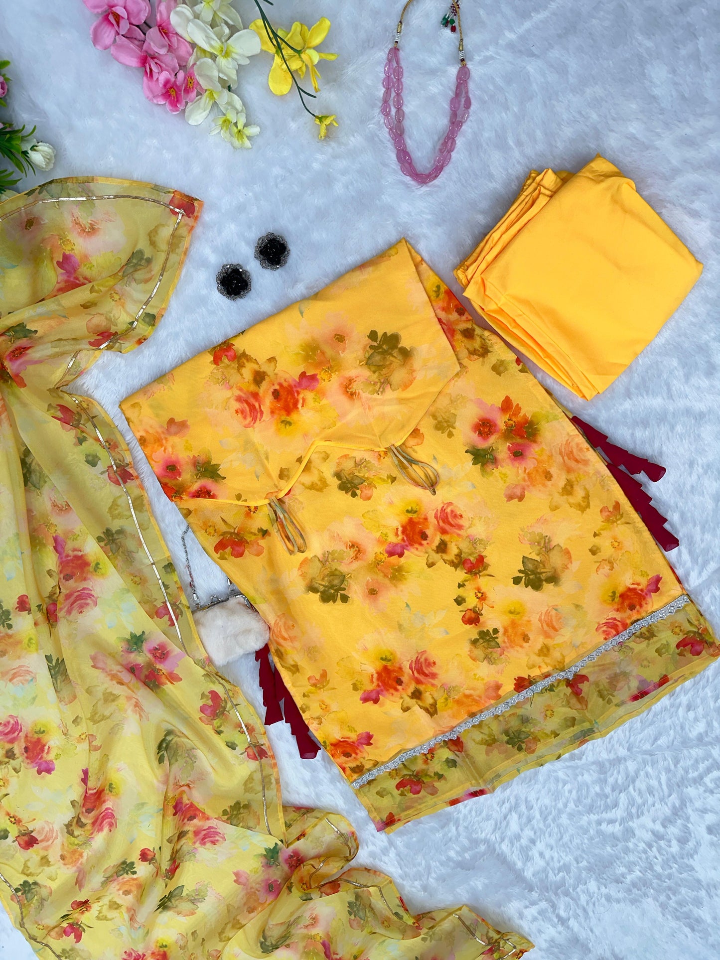 Pretty Yellow Color Straight Cut Organza Salwar Suit