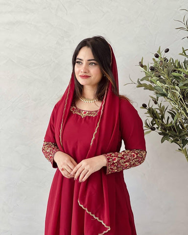 Wonderful Sleeve Work Red Color Anarkali Suit