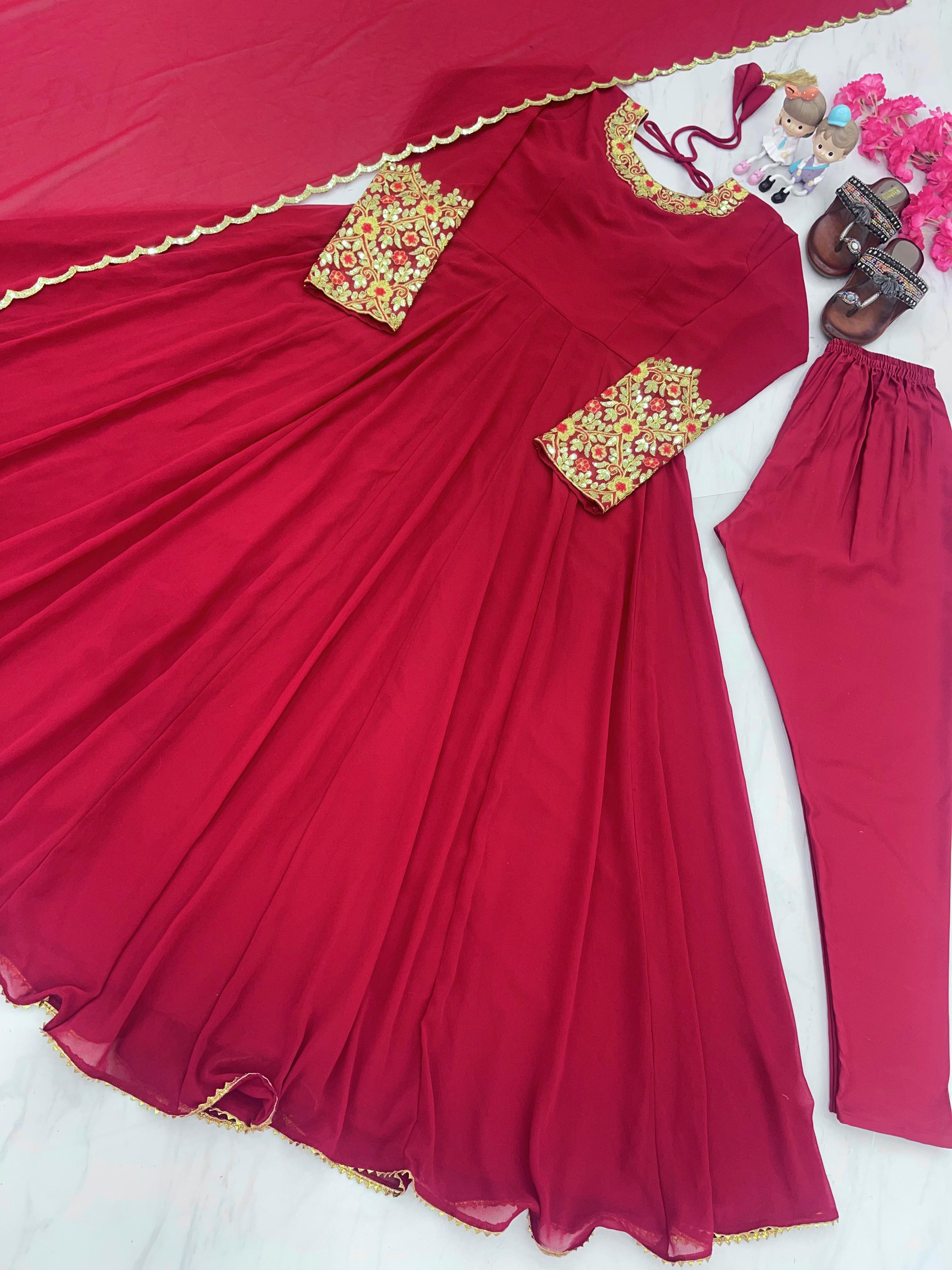 Wonderful Sleeve Work Red Color Anarkali Suit