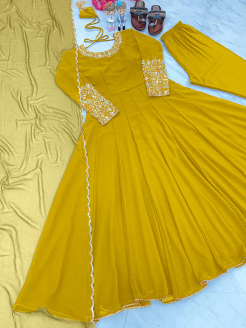 Wonderful Sleeve Work Yellow Color Anarkali Suit