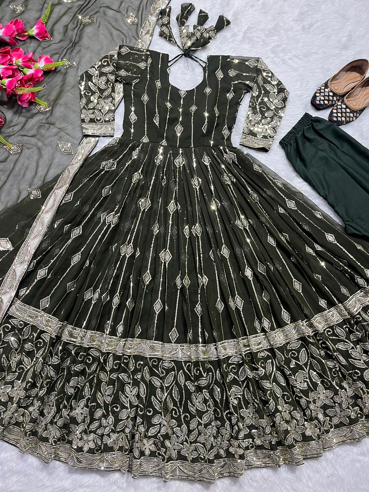 Delightful Sequence Work Mehndi Color Anarkali Suit