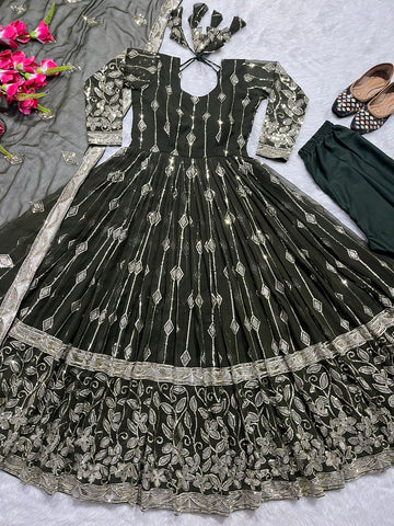 Delightful Sequence Work Mehndi Color Anarkali Suit
