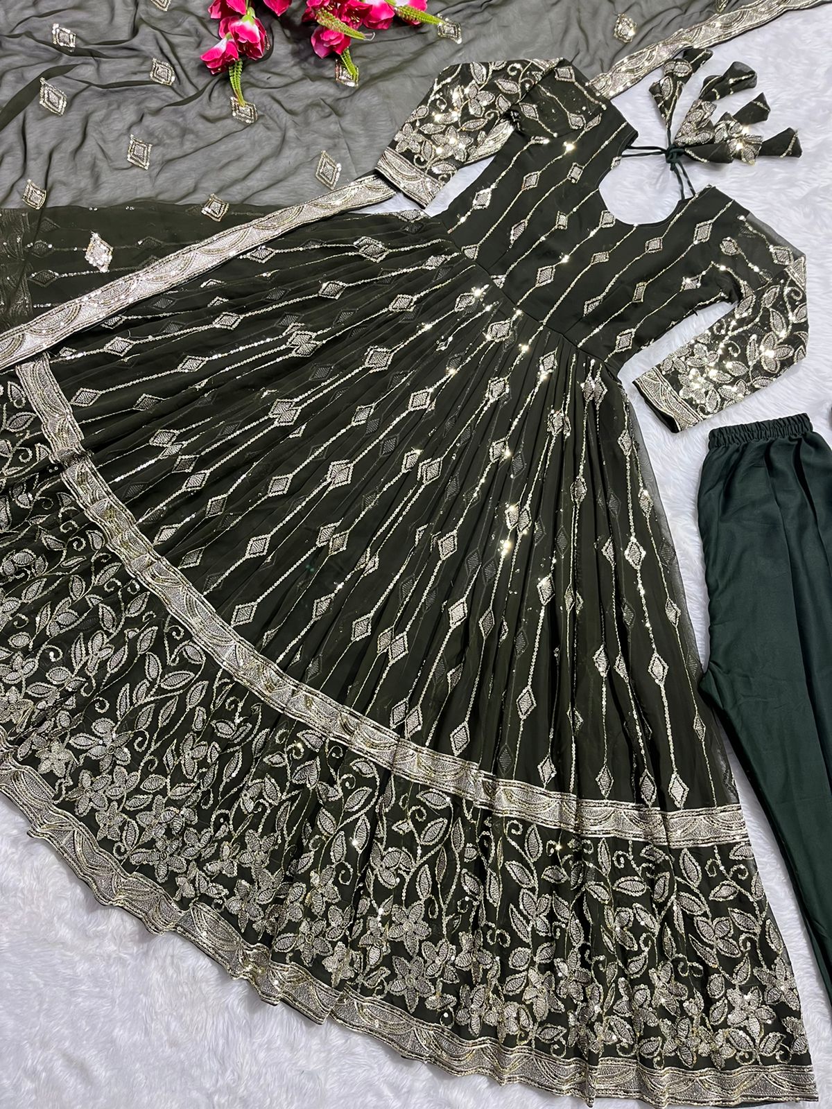 Delightful Sequence Work Mehndi Color Anarkali Suit