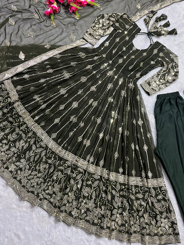 Delightful Sequence Work Mehndi Color Anarkali Suit
