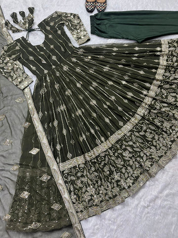 Delightful Sequence Work Mehndi Color Anarkali Suit