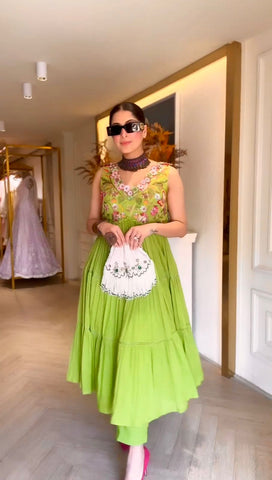 Graceful Parrot Green Color Ruffle Anarkali Suit