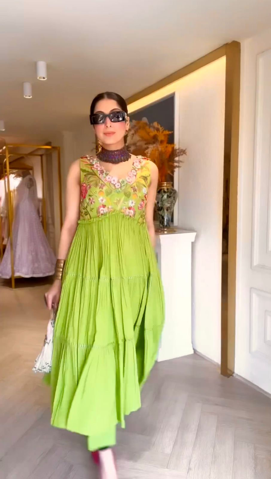 Graceful Parrot Green Color Ruffle Anarkali Suit
