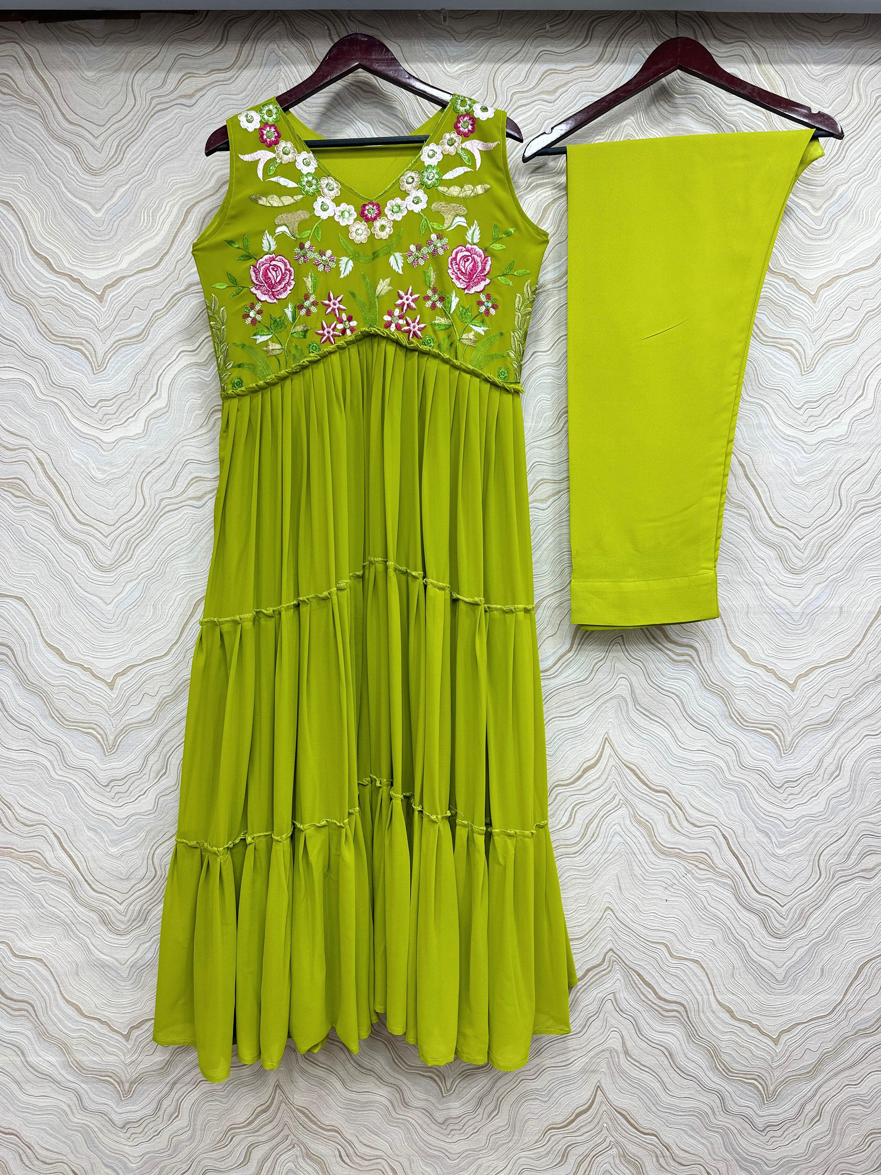 Graceful Parrot Green Color Ruffle Anarkali Suit